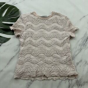 Gemilli Womens Vintage Y2k Lace Crop Top Size M Pastel Pink Stripe Crew Neck